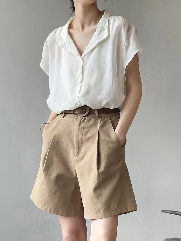 

ZOMRY Casual Solid Khaki High Waist Women Shorts Fashion 100% Cotton High Street Pleated Zipper Shorts Basic Bottoms Summer XXL