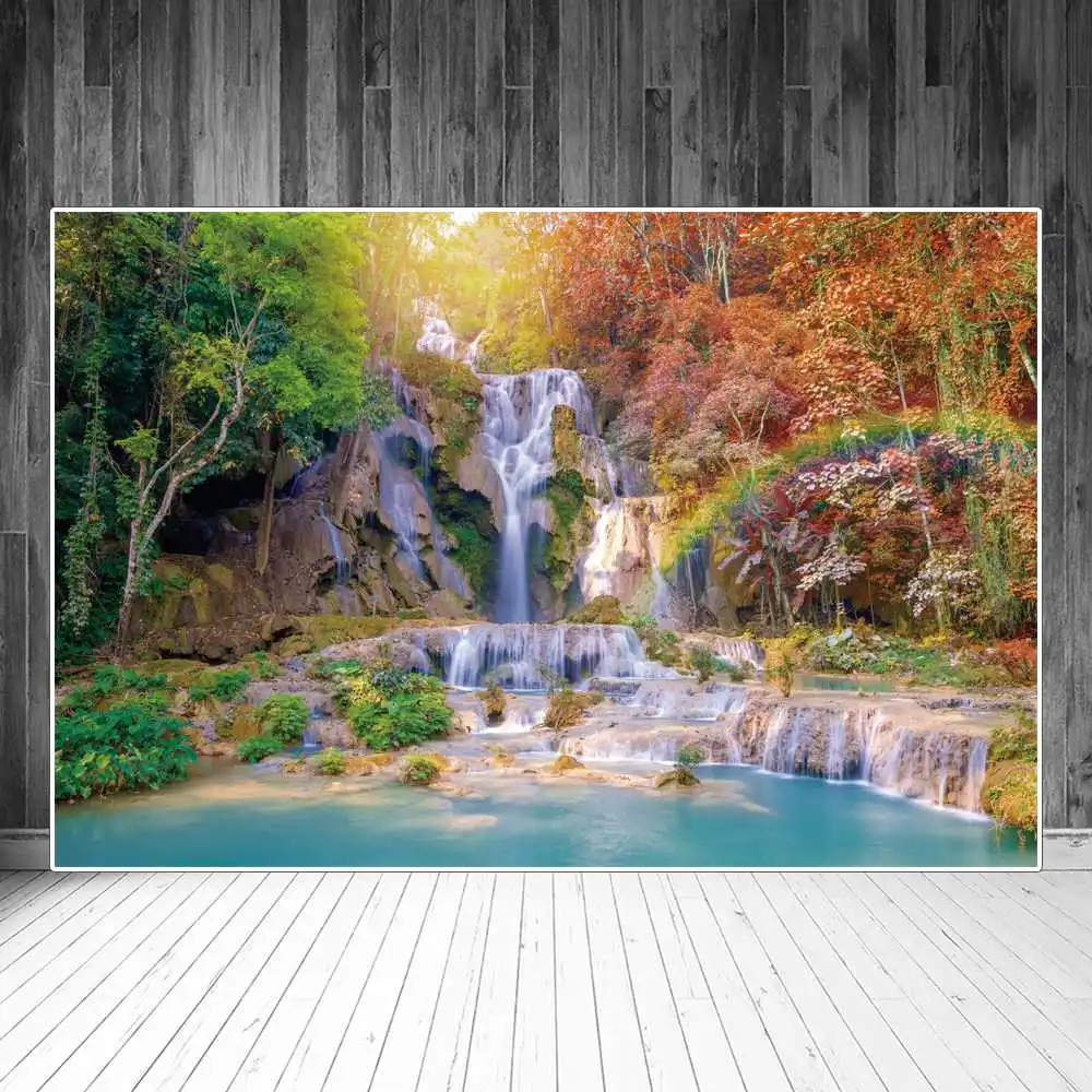 

Forest Waterfall Lake Landscape Photography Backdrops Decoration Rainbow Cliff Trees Custom Photocall Photo Background Accessory