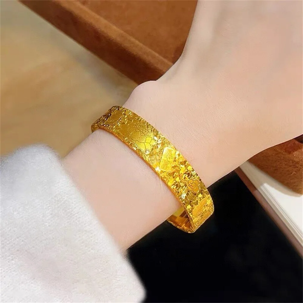 Фото Унисекс браслет-кафф из нержавеющей стали с позолотой 14K, с эффектом битого льда и узором лотоса, в стиле панк, модный, для женщин, оптом №4