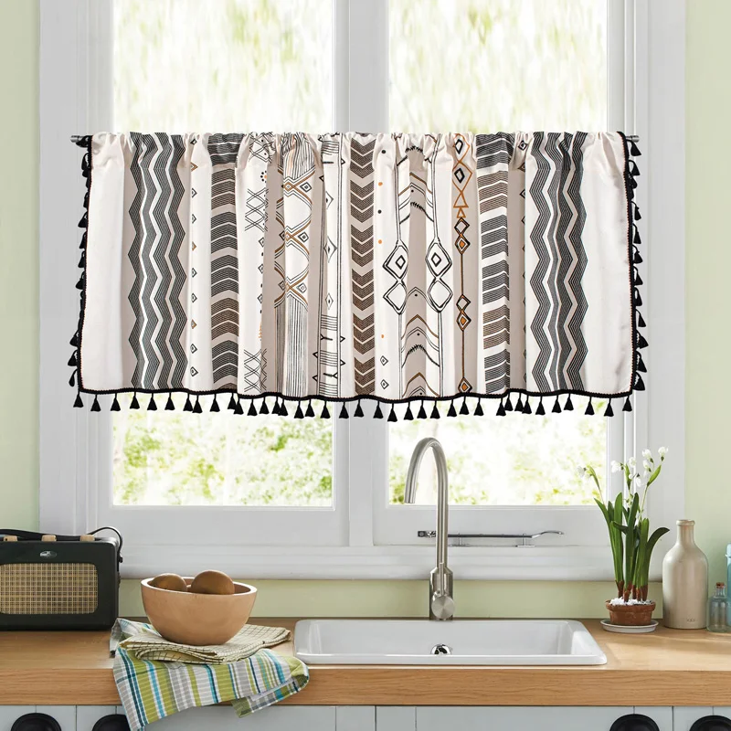 

Cafe Curtain Short for Kitchen Window Blackout Boho Geometric Black Drapes Cotton Linen with Tassels for Bathroom Cabinet TJ7282