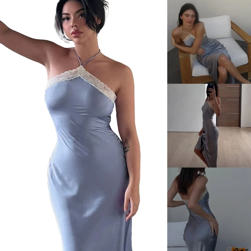 

Women Elegant Sleeveless Summer Dresses 2023 Halter Neck Backless Satins Dresses DropShip