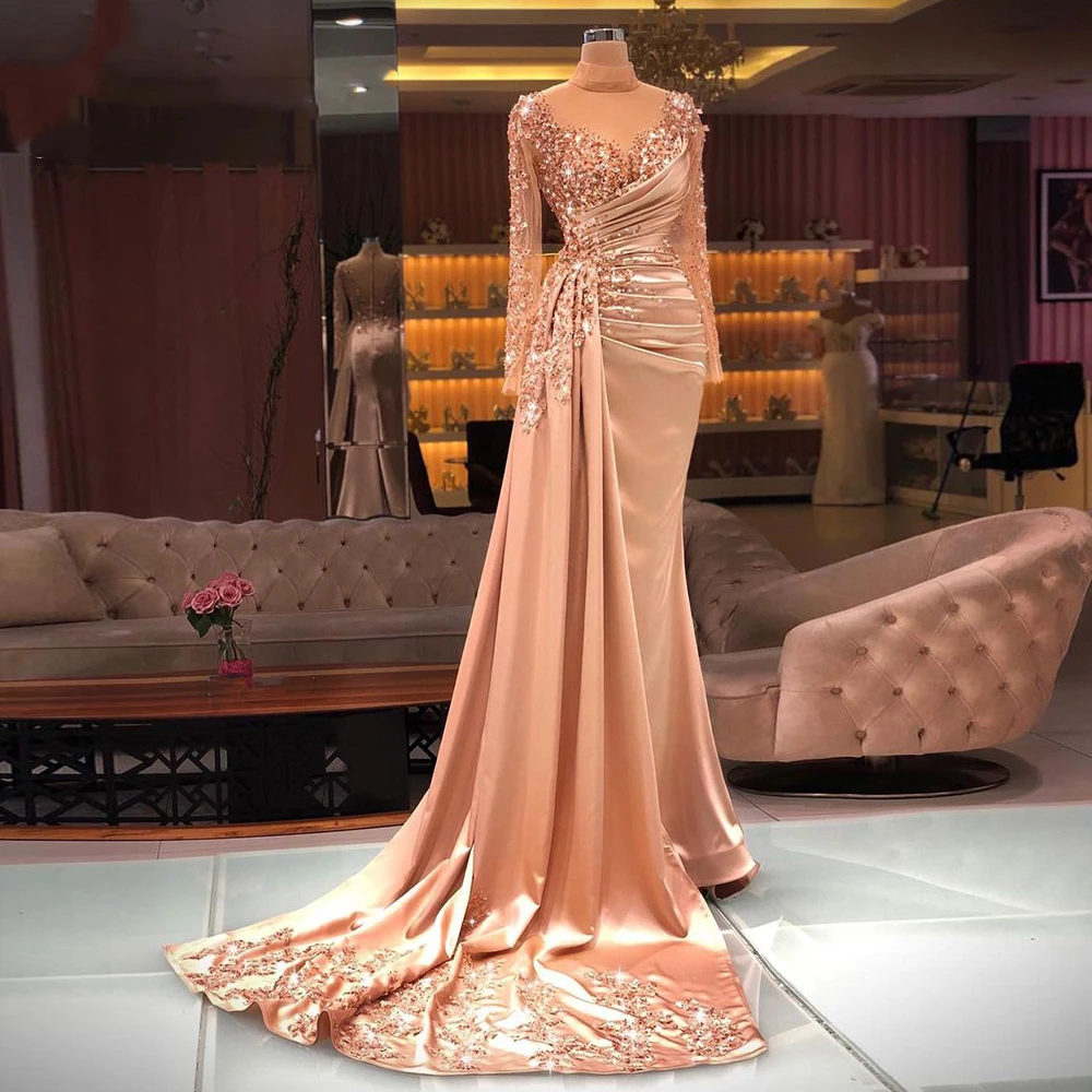 

Private Custom Elegant Mermaid Arabic Evening Night Dress for Women Long Sleeves High Neck Dubai Muslim Formal Prom