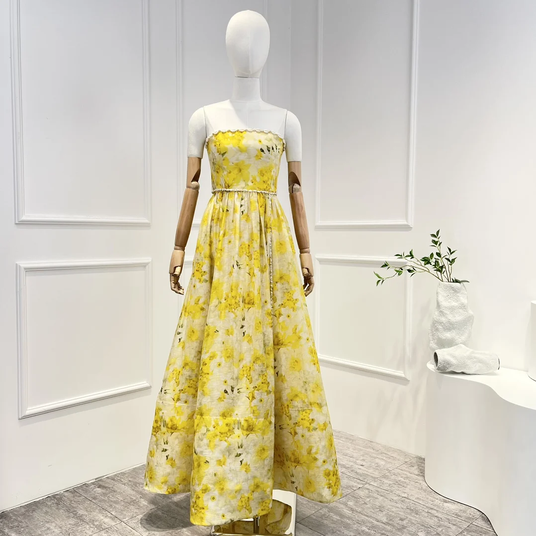 

Женское платье средней длины из льна и шелка, желтое платье с цветочным принтом, украшенное бусинами, без бретелек, в пляжном стиле, весна 2023