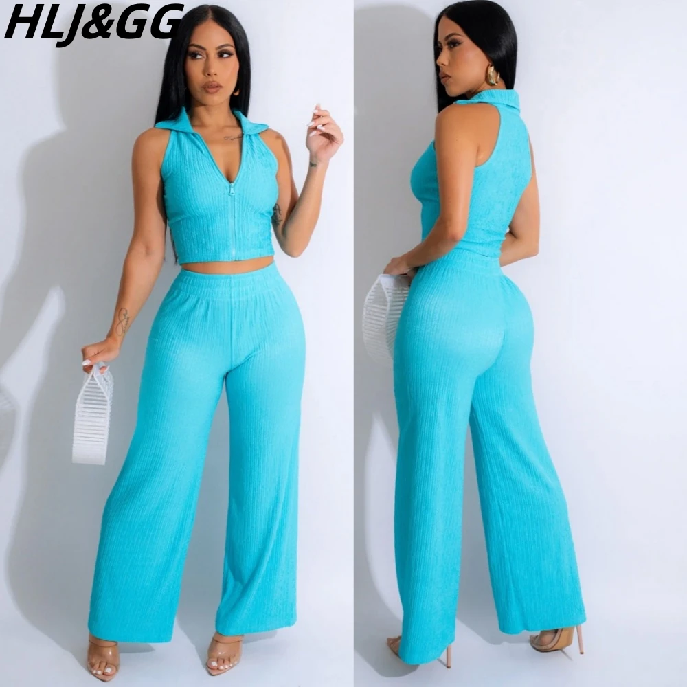 

HLJ&GG Fashion Streetwear Women V Neck Sleeveless Zipper Crop Top And Wide Leg Pants Two Piece Sets Casual Solid 2pcs Outfits