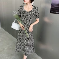 2022 summer new waist length mid length open back hollow french puff sleeves dot short sleeved floral dress