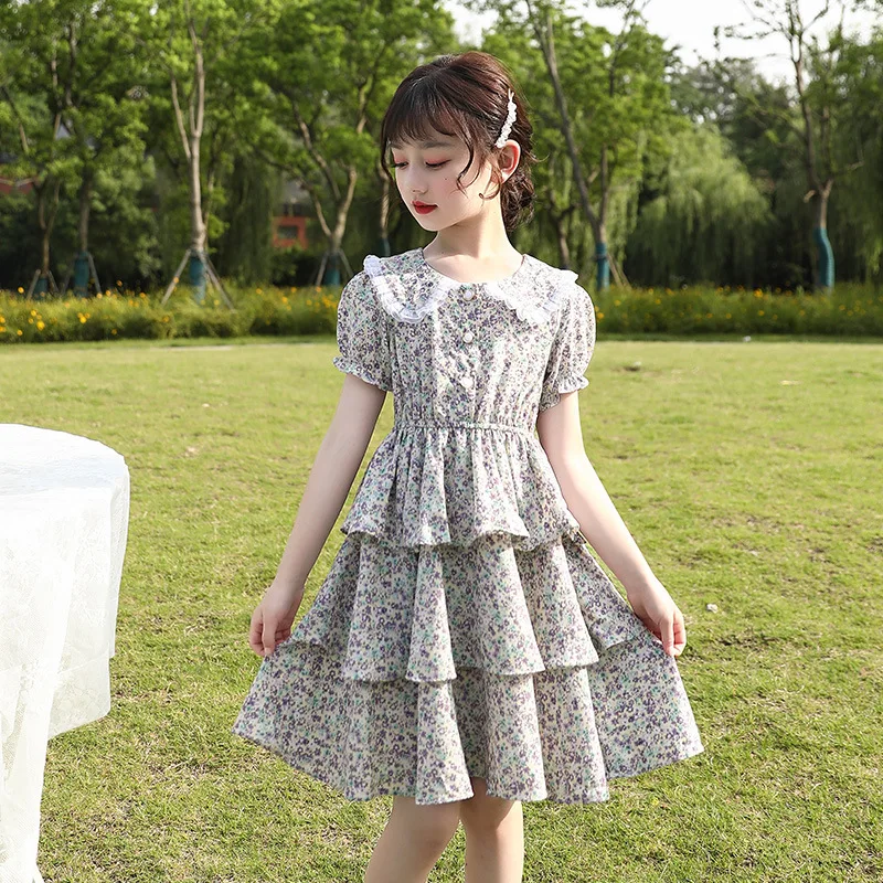 

Elegant Floral Dress Girls Short Sleeve Chiffon Dress Sweet Midi Bandage Chic Designer Puff Sleeve Casual Princess Dress 4-12Y