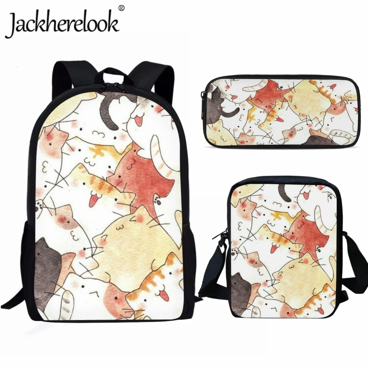 Jackherelook Cute Kitten Illustration Print Children's School Bags Casual Fashion Travel Backpack Kids Girls School Book Bag Set