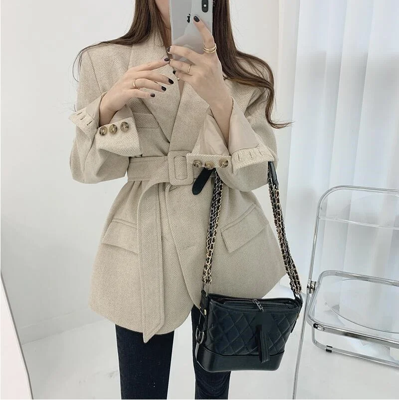 Korean Version of Chic Temperament Herringbone Pattern Bandage Waist Was Thinner Quilted Thick Suit Woolen Jacket 2022 Women New