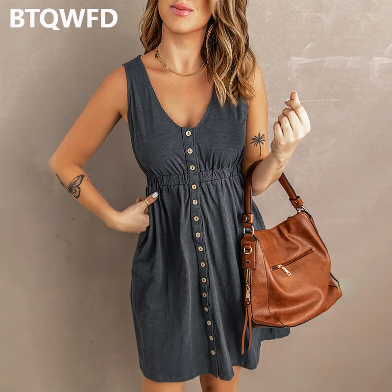 

Black Dresses for Women 2022 New Female Summer Sleeveless Short Skirts Ladies Solid Color Clothing Sexy Fashion V Neck Outfits