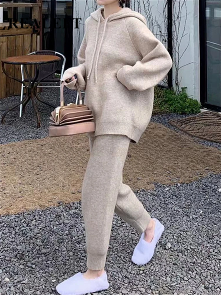 

REALEFT 2022 New Autumn Winter 2 Pieces Women's Sets Knitted Tracksuit Hooded Sweater and Harem Jogging Pant Pullover Suits
