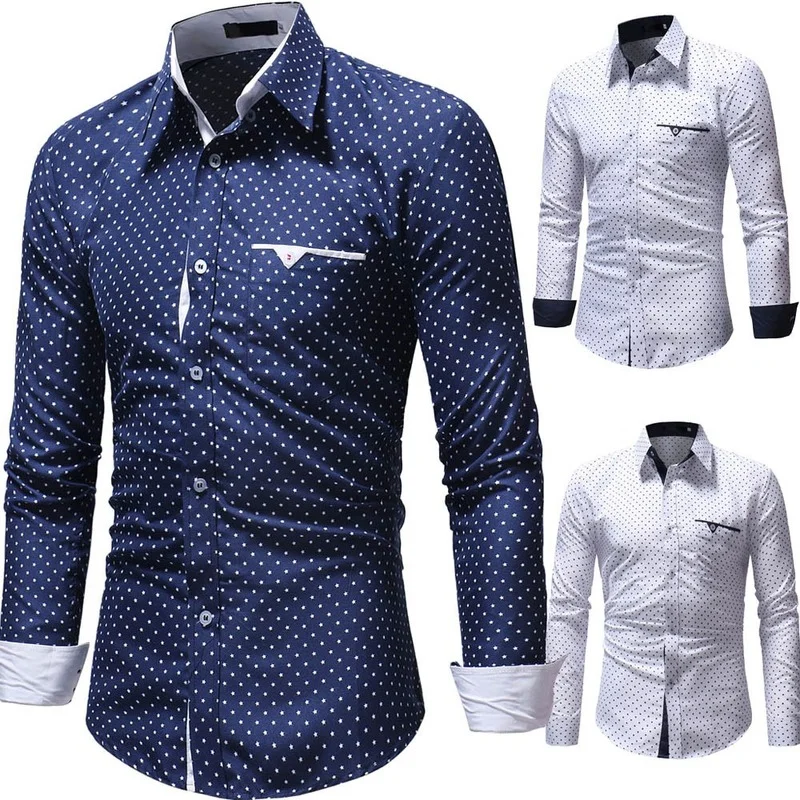 

2022 New Men Fashion Business Shirts Spring Autumn Casual Polka Slim Fit Long Sleeve Dress Shirt Top Blouse Рубашка В Клетку