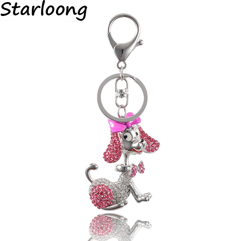 

High Quality Drip Alloy Keychain Chaveiro drop oil Glaze cute bowknot dog rhinestone crystal KeyChain women stainless Key Ring