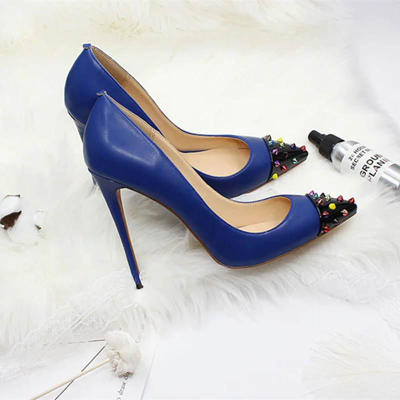 

Женские туфли на высоком каблуке 12 см, брендовые дизайнерские привлекательные туфли из натуральной кожи с красной подошвой и заклепками, с ...