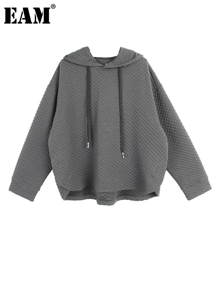 

[EAM] Loose Fitgray Casual Irregular Sweatshirt New Hooded Long Sleeve Women Big Size Fashion Tide Spring Autumn 2023 1DF3251