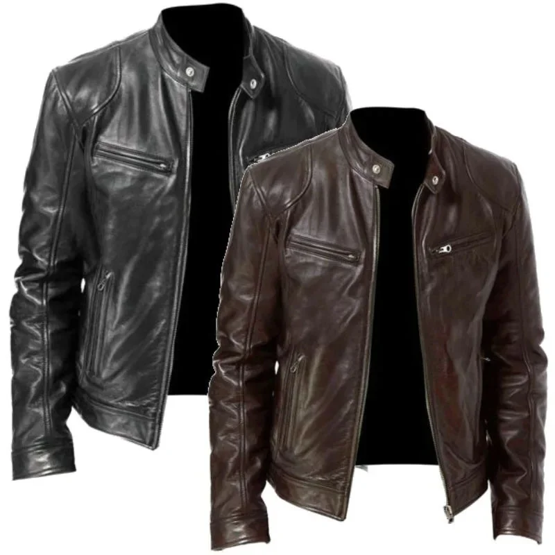 

Новая весенняя Повседневная мотоциклетная мужская куртка из искусственной кожи, байкерские кожаные пальто, ветровка, кожаная куртка, мужские кожаные куртки, приталенная одежда