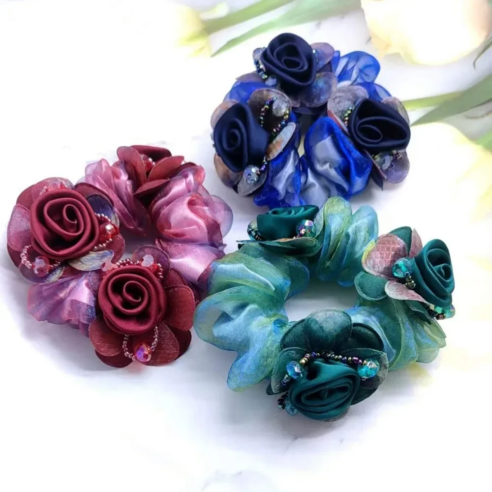 

3 Flowers Silk Yarn Hair Bands Mother Head Flower High Elastic Rubber Band Ponytail Bun Updo Hair Large Intestine Ring 곱창밴드