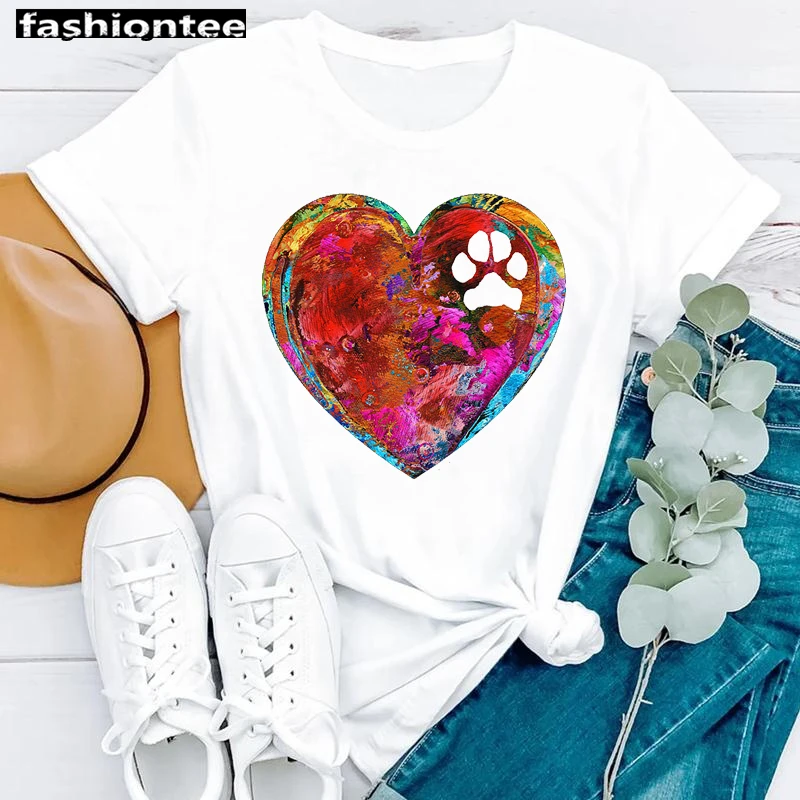 

2022 summer new white T-shirt red love dog paw cat paw pattern print short sleeve cute pet Harajuku loose ladies top