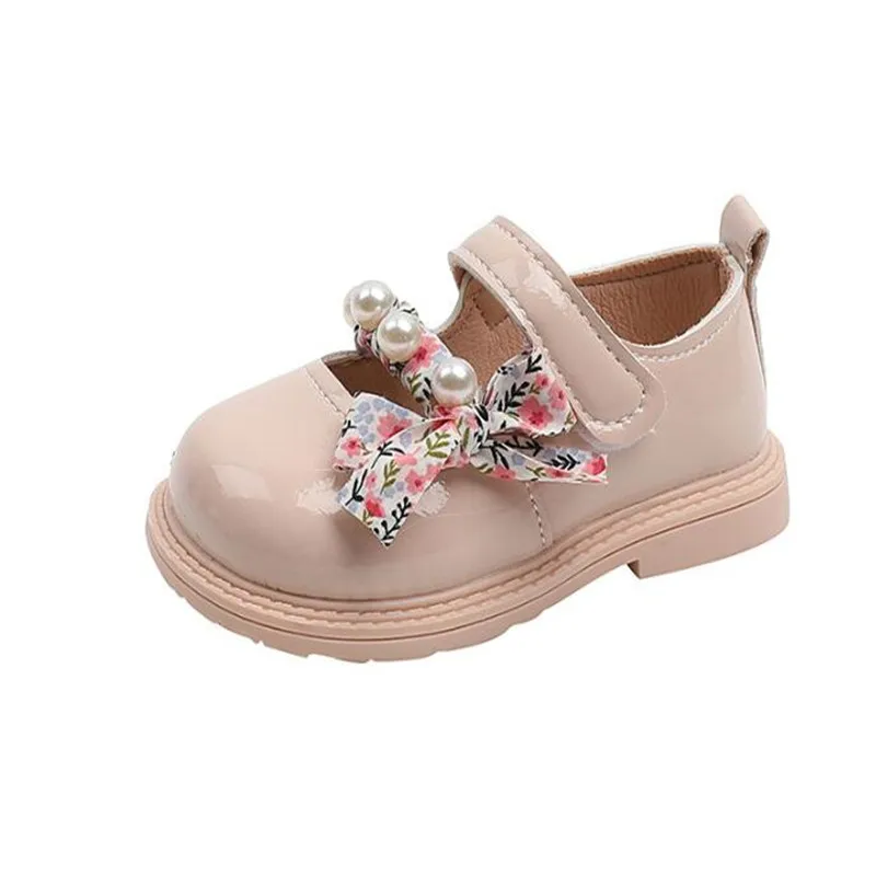 

Туфли кожаные для девочек, с бантом, цветами, жемчужинами, принцессами, танцевальные туфли для вечеринок, детская розовая обувь на мягкой подошве для малышей