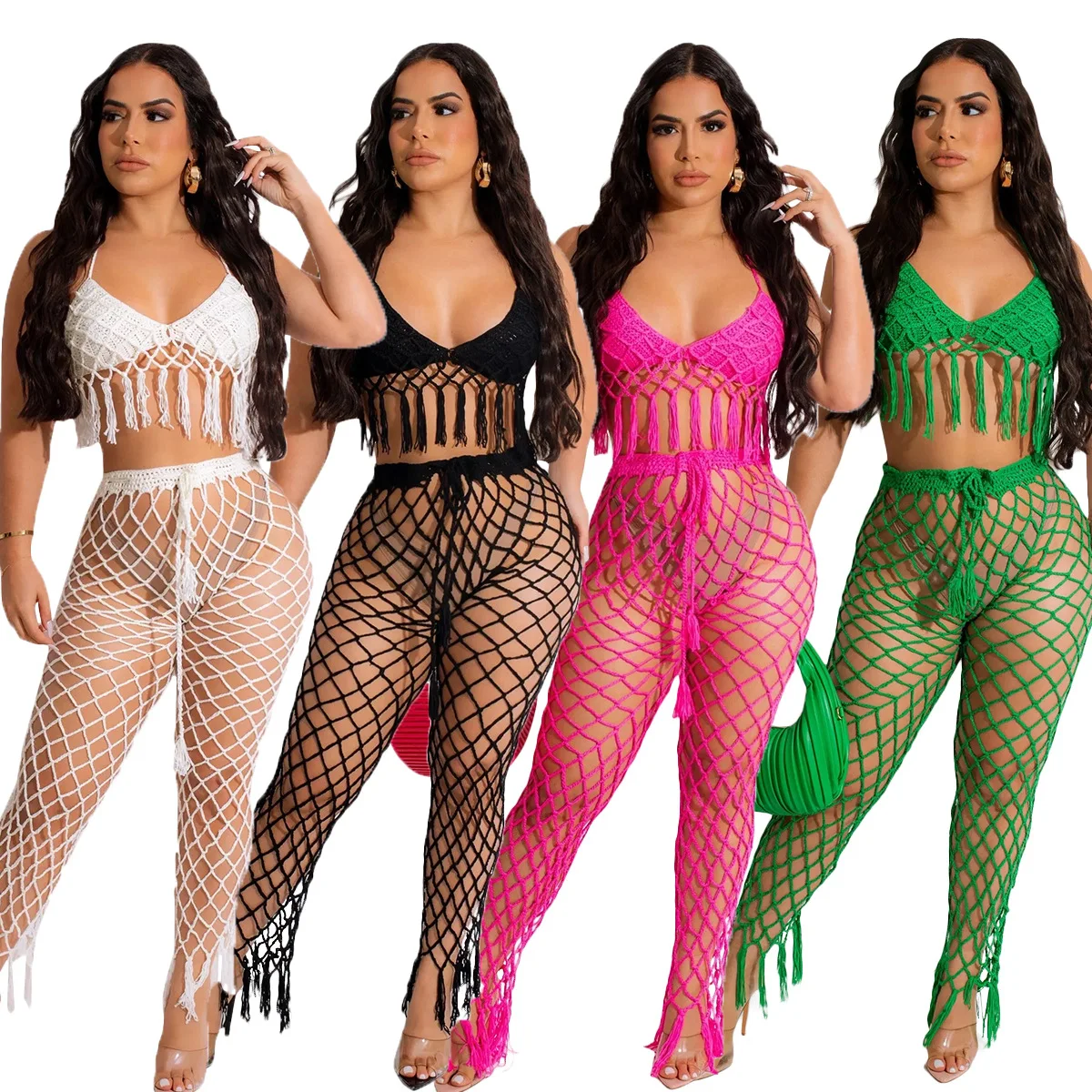 

Sexy Knitted Fishing Net Tassel 2 Piece Set Women Summer 2023 Lace Up Crop Top and Pants See Through Club Beach Outfits Cover