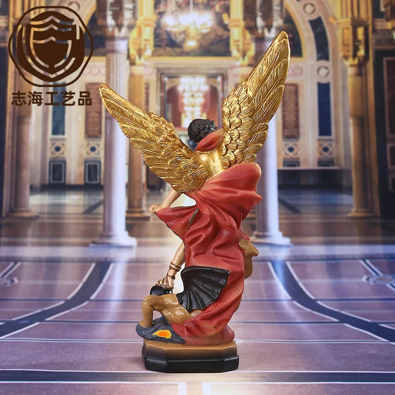 Фото Классическая статуя ангела Святого Мишка, смола, ангел Святого Мишка, убийство демона, бога, скульптура, мечи ручной работы, ангел, религиозная статуя №3