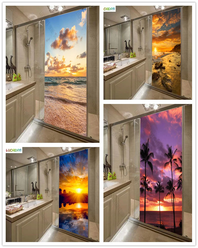 

Custom 3D Door Wallpaper Seaside Sunset Coconut Tree Door Sticker PVC Landscape Vinyl Wrap Waterproof Wall Sticker Bedroom Door