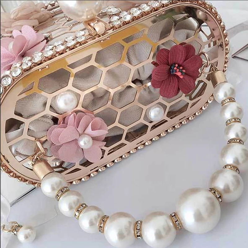 Flowers Rhinestones Metal Evening Bag Women Luxury Designer Diamonds Alloy Cage Pearls Dinner Clutch Purse Ladies Chic Handbag