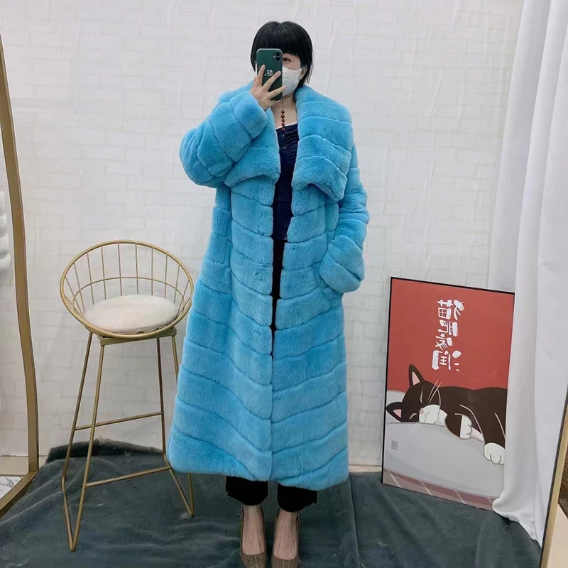 Furyoume Winter Real Fur Coat Natural Rex Rabbit Fur Jacket Long Turn-down Collar Outerwear Brand Luxury Thick Warm Streetwear