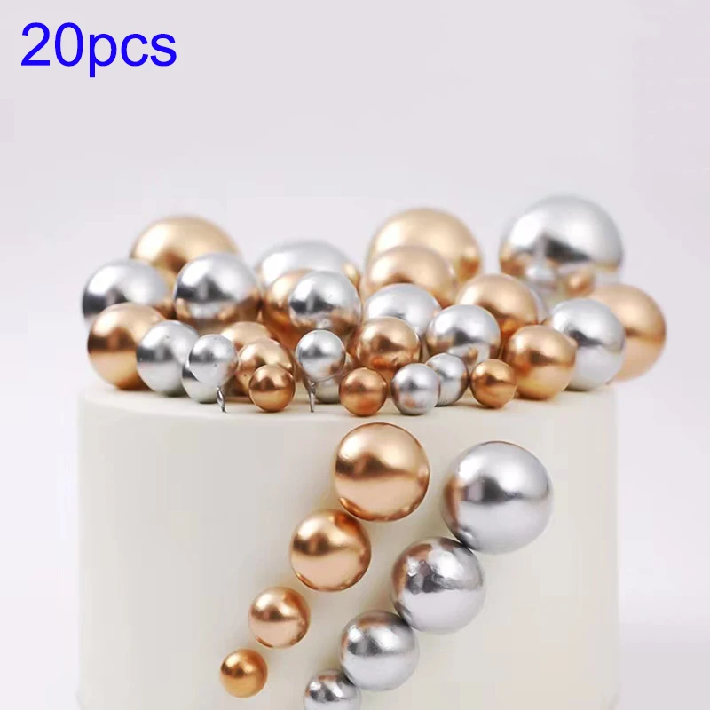 Купи 20Pcs Cake Topper Gold Silver Ball Happy Birthday Cake Topper DIY Cupcake Flag Wedding Christmas Ball Decor Birthday Decoration за 135 рублей в магазине AliExpress