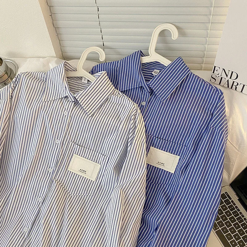 

Oversize Stripe Shirt Women Long Sleeve Letter Pasted Blue Fashion Spring Outfit Tops Blouse