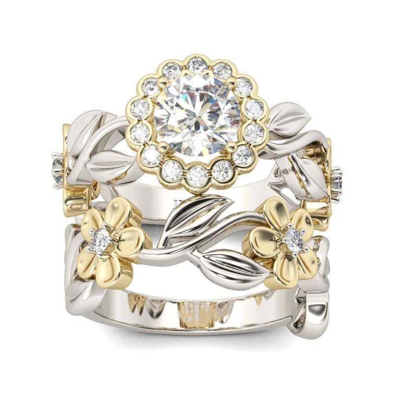 

Milangirl 2 Pcs/Set Elegant Two-tone Flower Floral Leaves Inlaid Crystal Rhinestone Zircon Metal Ring for Women Party Jewelry