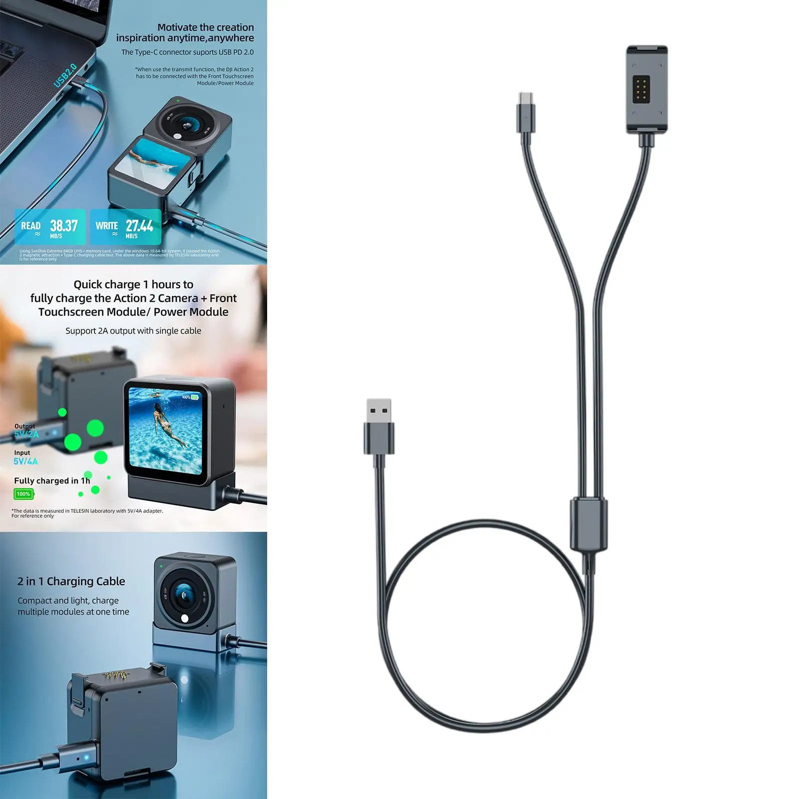 

2 in 1 Magnetic Charging Base with Type-C Adapter for DJI Action 2 Power Bank Camera Fully Charged in 1H Overcharge Protection