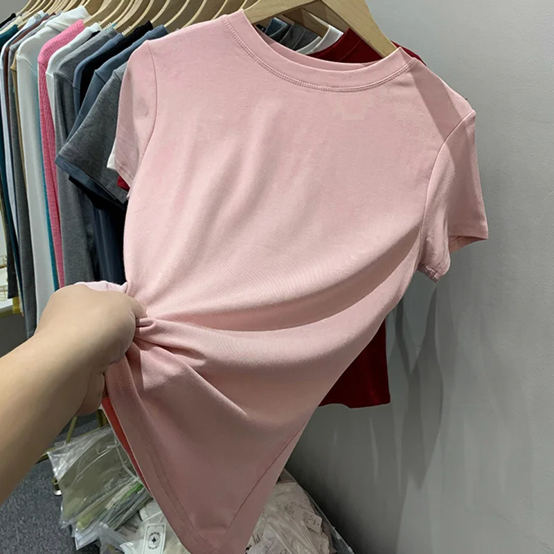 

2022 Summer New Fashion Women T Shirts Solid Basic All-Match Tees Femme O Neck Short Sleeve Slim Thin Casual T-Shirt Tops Female