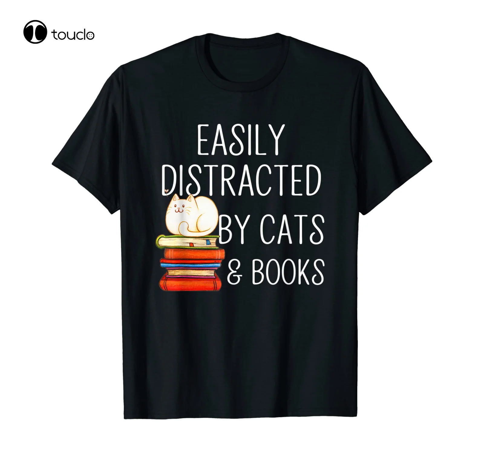 

New Easily Distracted By Cats And Books Cute Book Lover Gift T-Shirt Cotten Tee Shirt Unisex