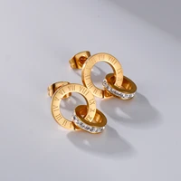 stainless steel roman numerals stud earrings for women fashion gold double circle rhinestone jewelry girl gift
