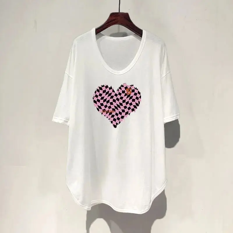 DAYIFUN U-neck Plus Size T-shirts Women Love Print Short-sleeved Loose Tees Tops Lady 2023 Summer New Casual Mid-length Tshirts