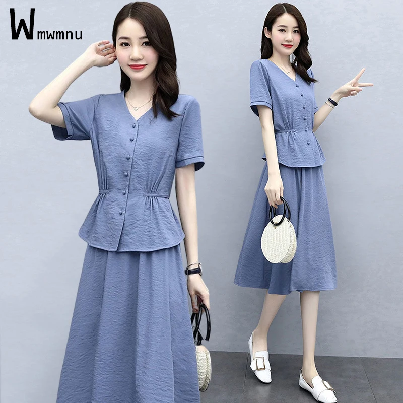 

Летний женский дизайнерский комплект из двух предметов: блузка с оборками и юбка, женский синий однобортный Топ с коротким рукавом + искусственная одежда