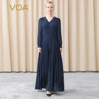 voa silk double layer georgette navy heart neck pair silk shirt sleeve loose waist elegant dress ae592 maxi dresses for women