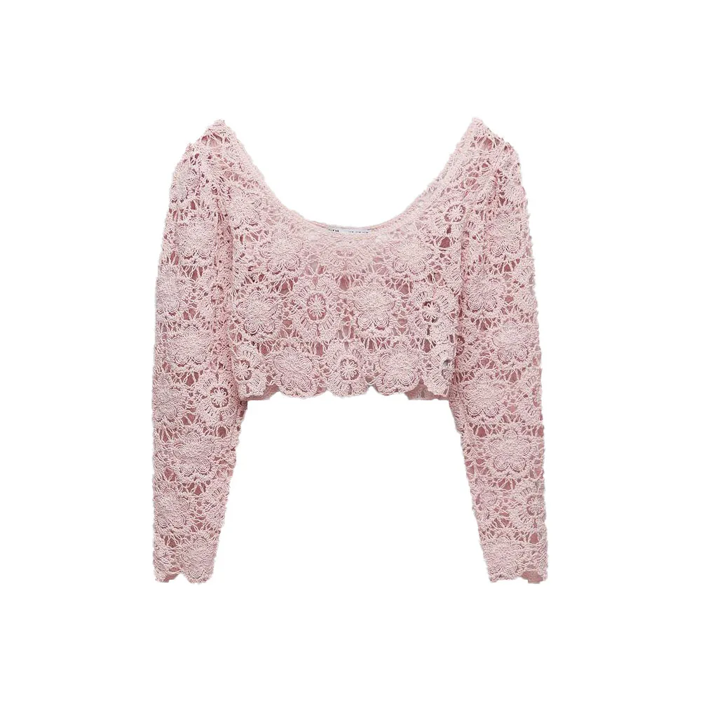 

Zach AiIsa2022 summer new women's clothing gentle temperament all-match round neck long-sleeved hollow crochet knitted short top