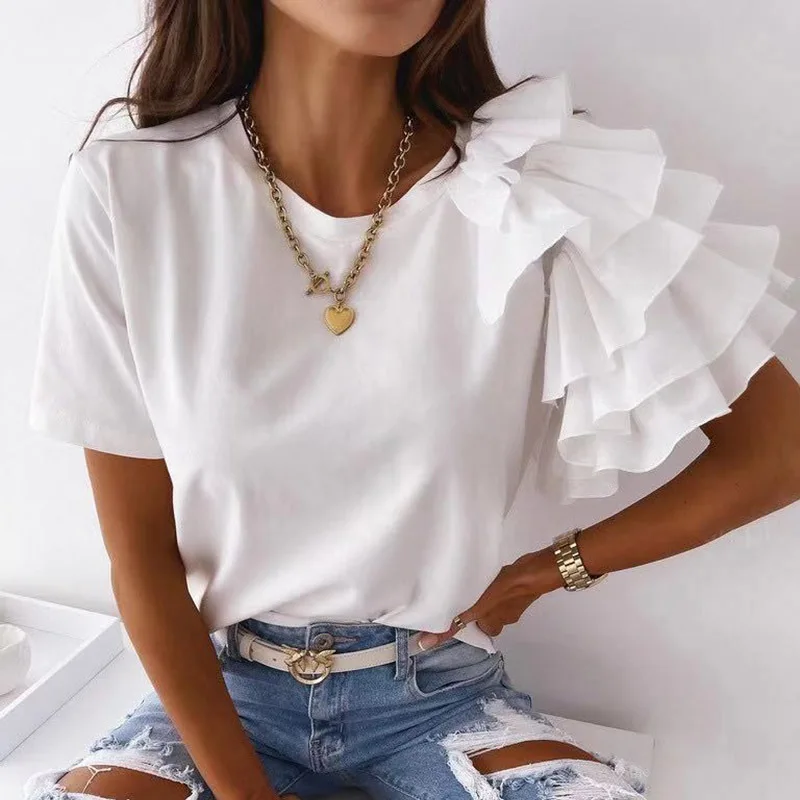 

Layered Ruffles Blouses Summer Short Sleeve Solid Casual Fashion Woman Blouses 2022 Women's Blouses and Shirts for Women Top New