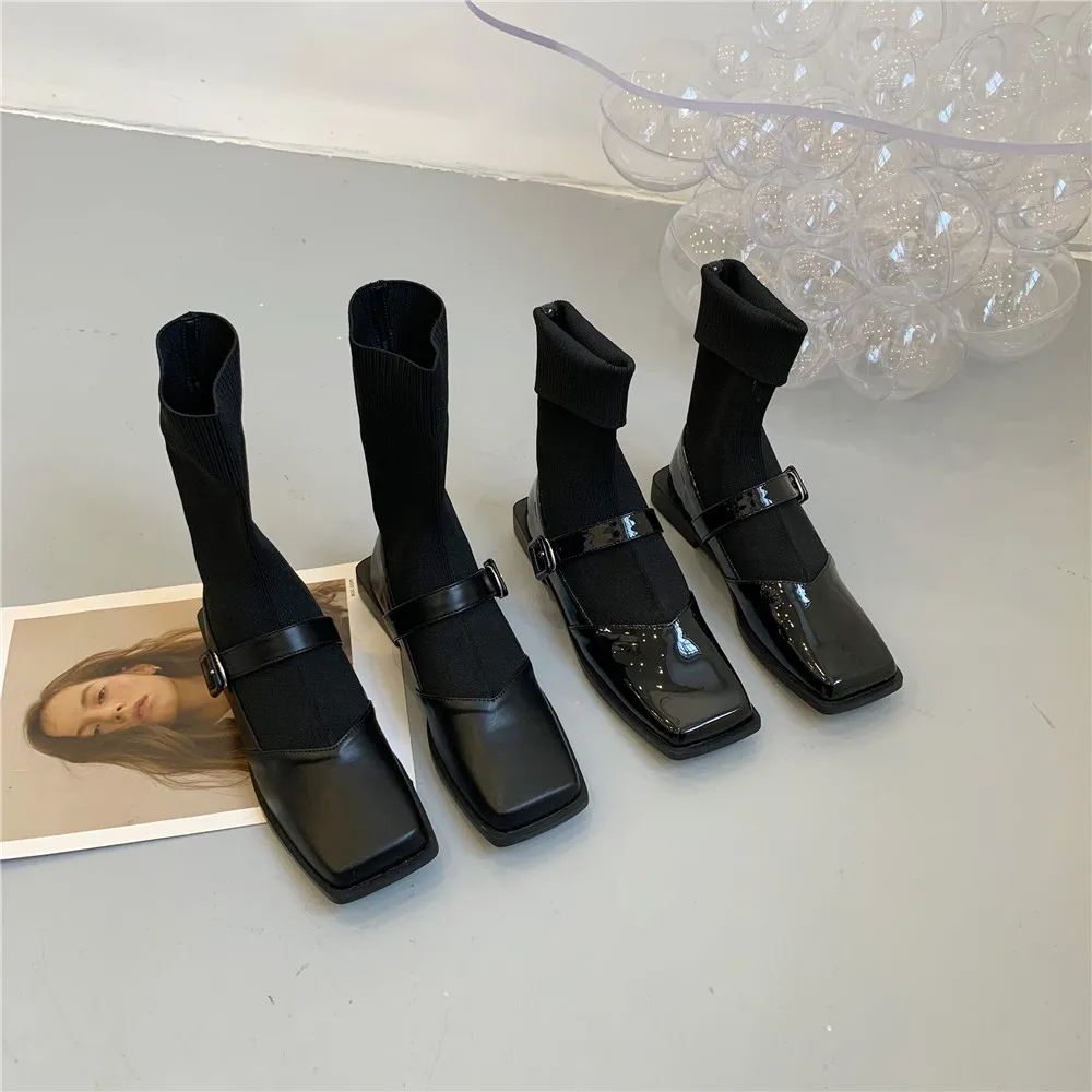 

Fashion Women Ankle Boots PU Patent Leather Ladie Sock Booties Flat Low Heel Slip On Belt Buckle Winter Autumn Botas Size 35-39
