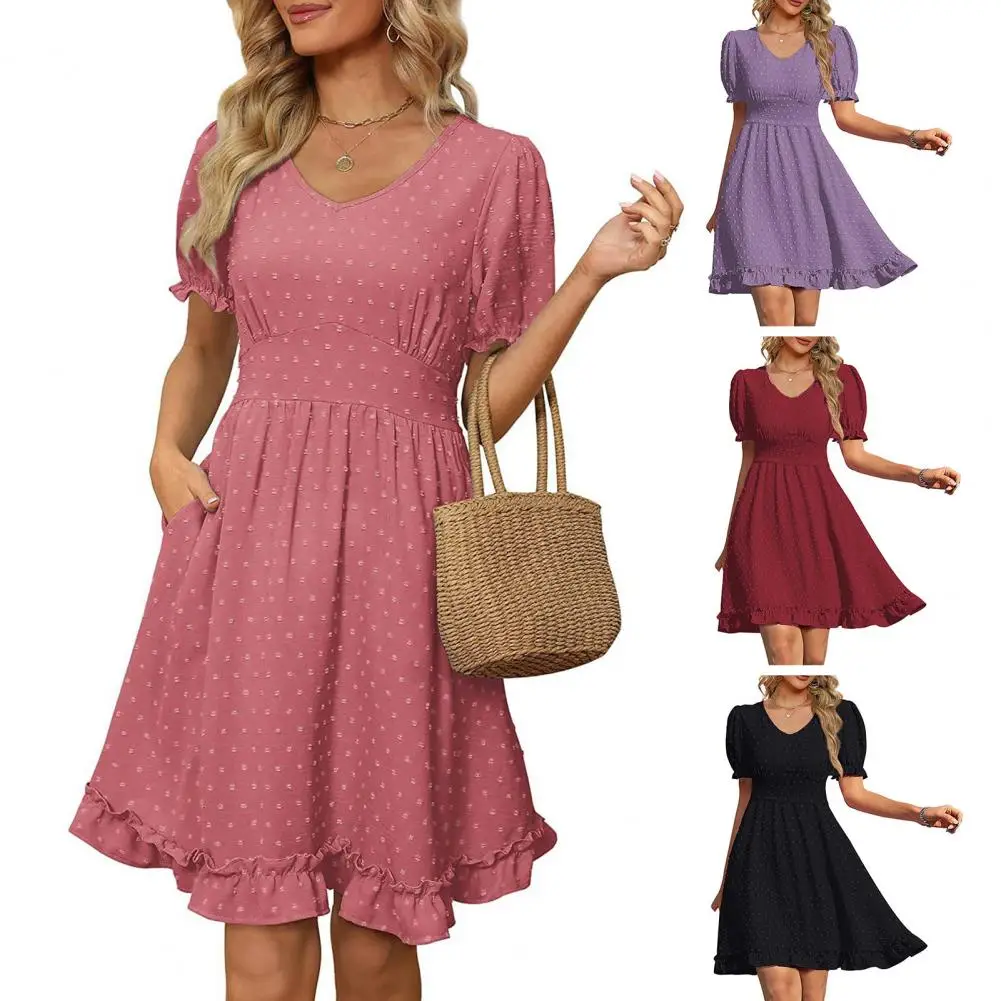 

Women Summer Dress V Neck Short Sleeves Loose Hem Solid Color Tight Waist Flower Edge Patchwork Above Knee Length Dress