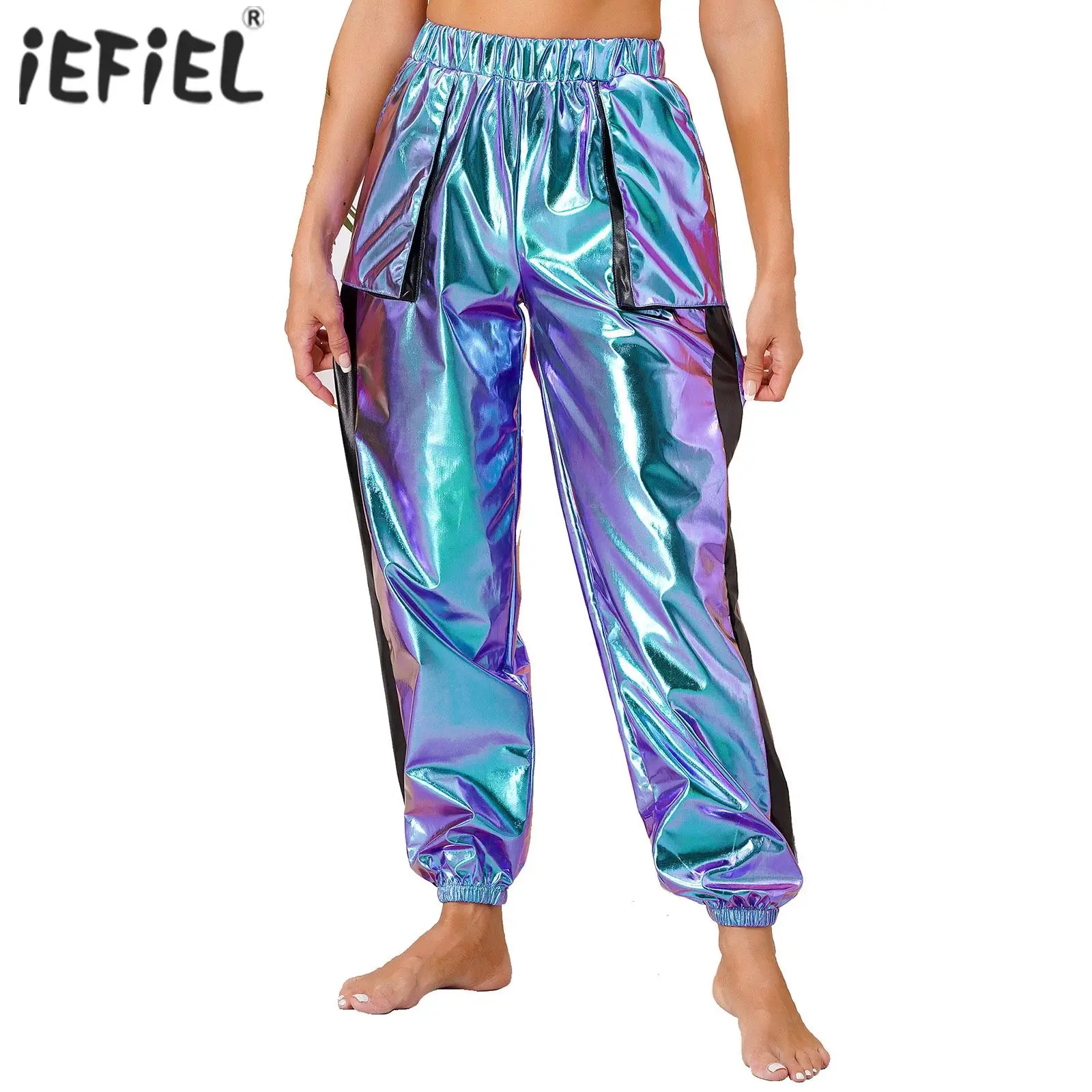 

Womens Jazz Dance Costume Jogger Pant Trousers Metallic Shiny Long Pants Trousers Disco Dance Clothing Elastic Waist Big Pockets