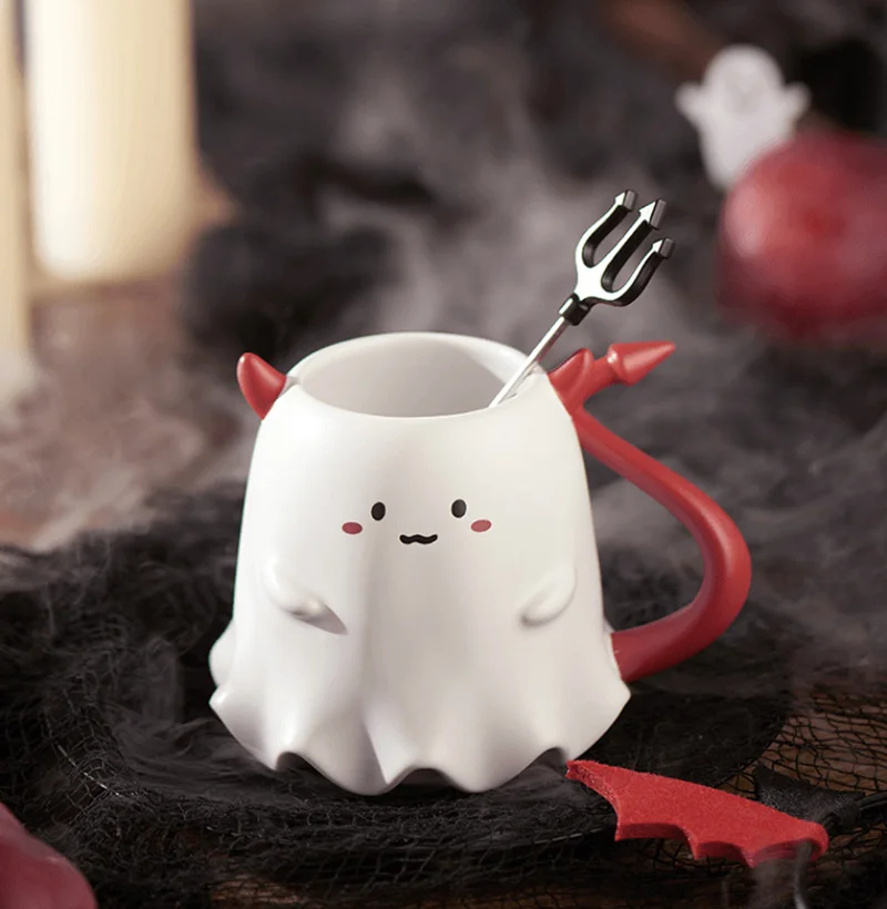 

475ml Halloween Devil Mug Cute Demon Elf Ghost Ceramic Cup With Stirring Rod Office Coffee Cup Tea Cup For Kids Halloween Gift