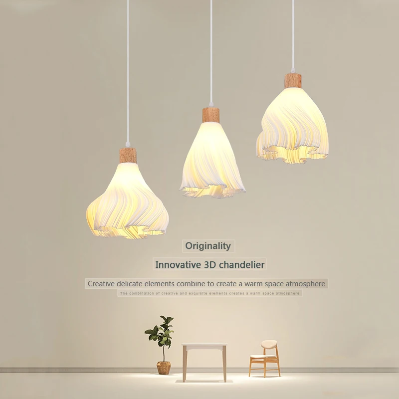 Scandinavian Rubber Wood LED Glass Pendant Lamp Innovative 3D Printed Lampshade Living Room Bedroom Bar Bedside E27 Luminaire