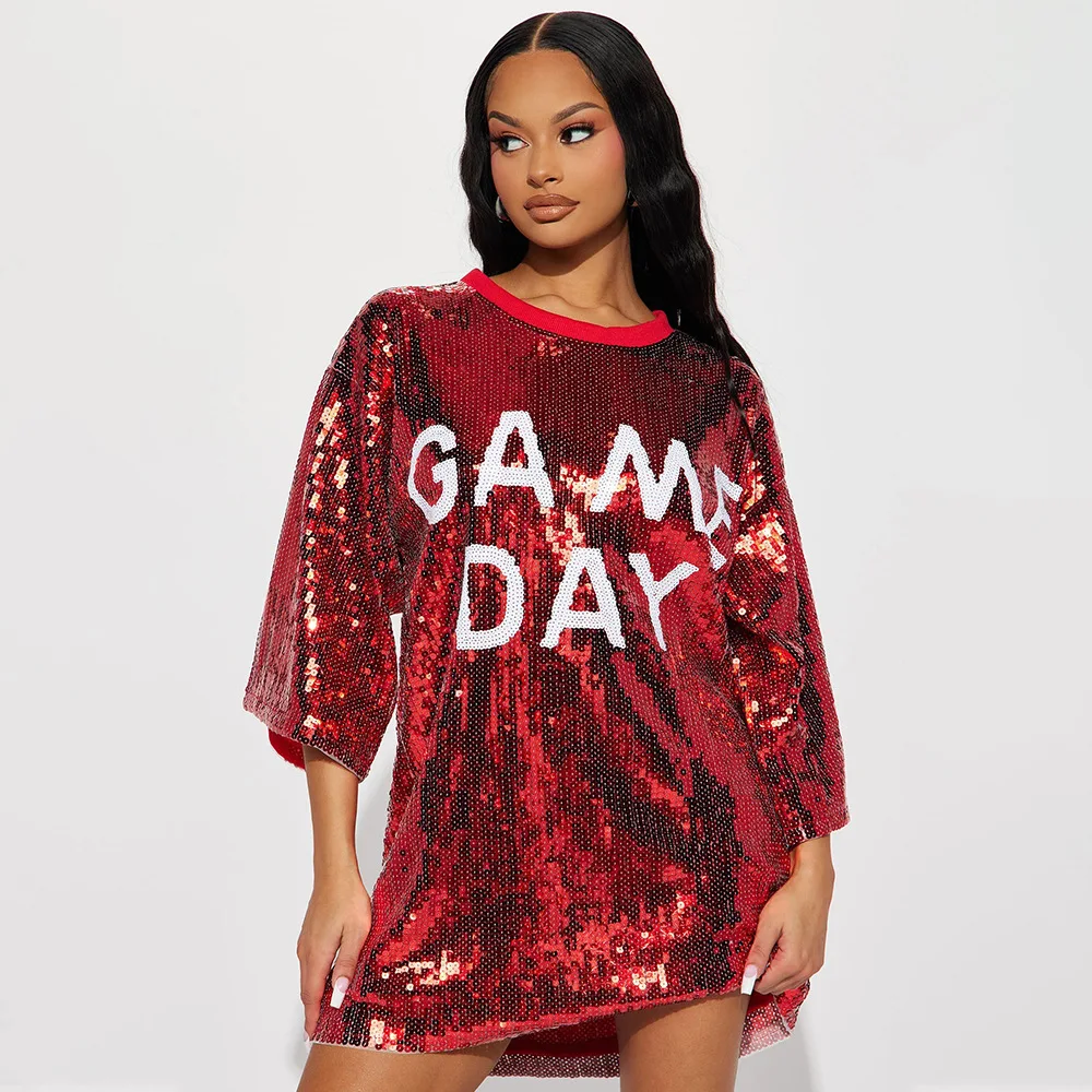 

Half Sleeve Baggy Sequin Pullovers T Shirt Dress Paillette 2023 Summer Hip Hop Clubwear Female Letter Loose Mini Dresses