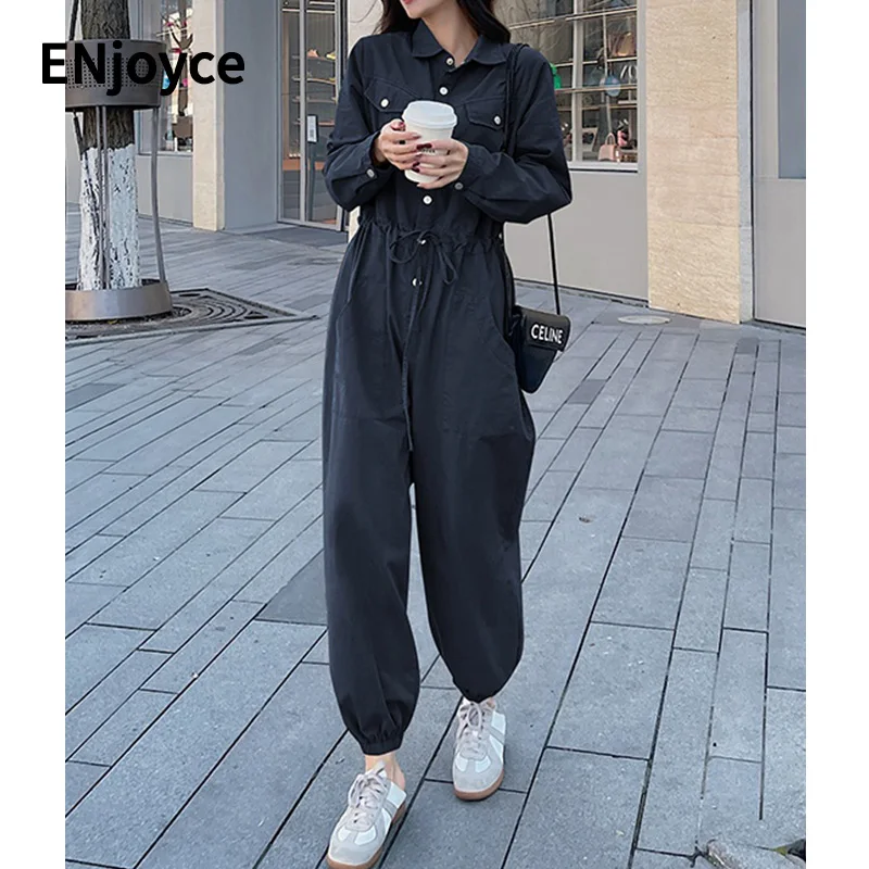 Women Casual Loose Cotton Jumpsuits Spring Fall Long Sleeve Wide Leg Jump Suits Hip Hop Overalls Harem Pant Playsuit Streetwear