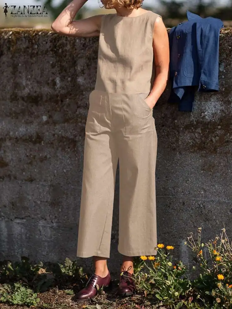 

Women Matching Sets ZANZEA 2022 Stylish Summer Tracksuits Sleeveless Blouse Casual Wide Leg Pants Female Work Outifits 2PCS Suit