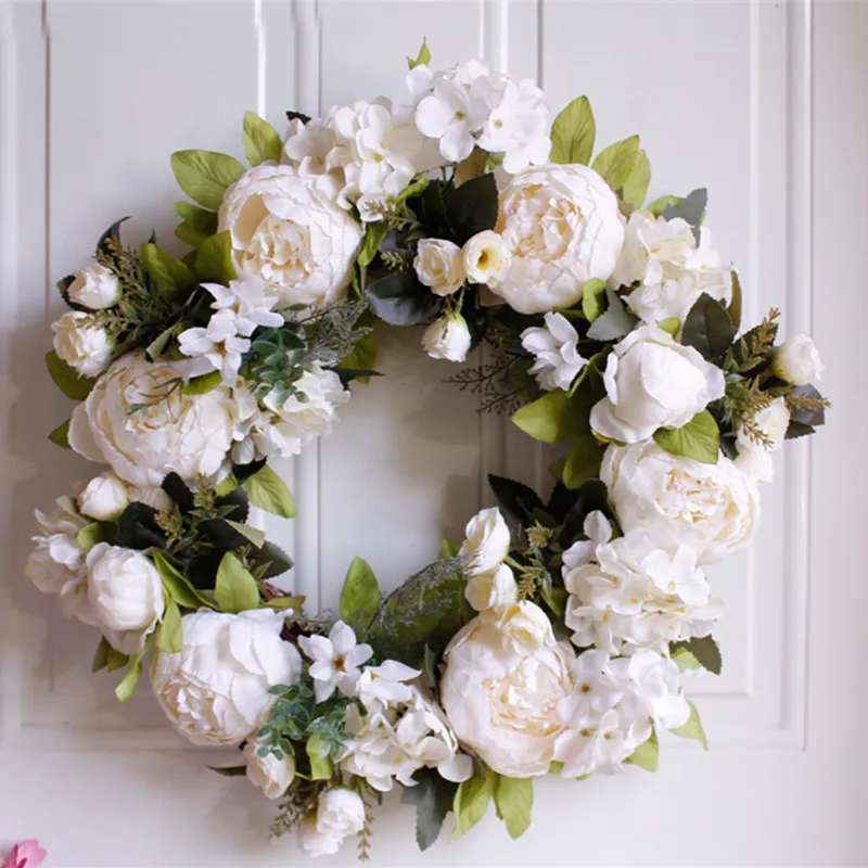 

White Peony Wreath 40cm Wedding Door Wall Hanging Ornament Natural Rattan Round Garland Decoration Artificial Flower Fake Flower