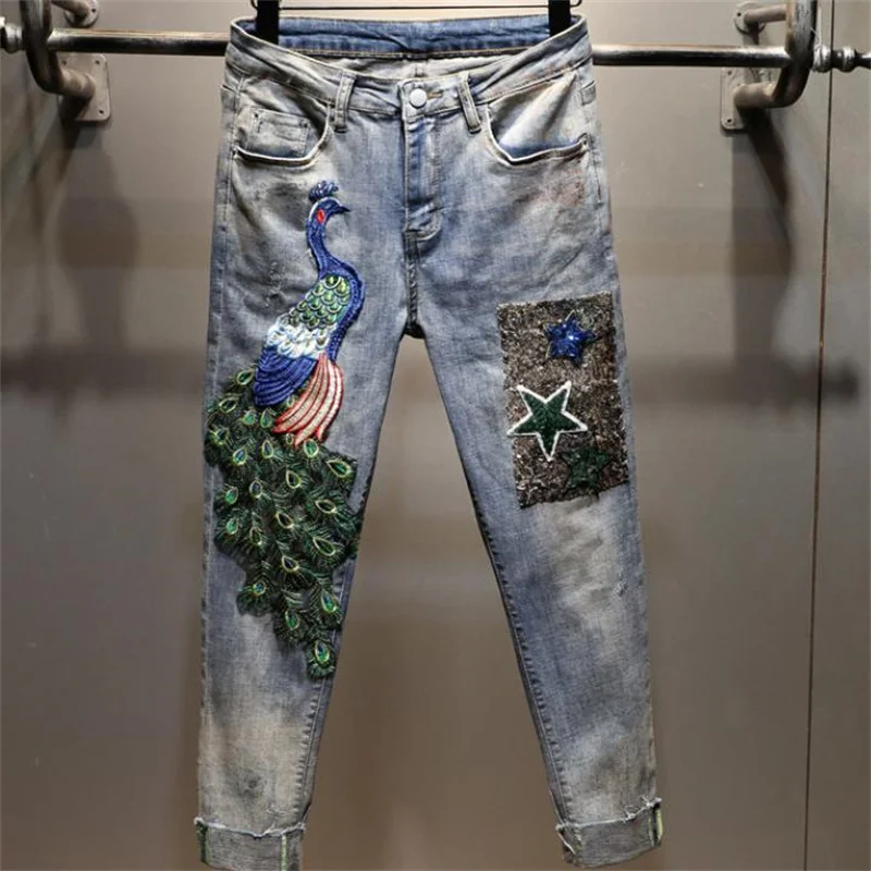 

Jeans women's spring and summer 2023 embroidered peacock high waist elastic slim pencil women