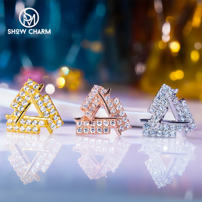 

S925 Sterling Silver Stud Earrings Women's Triangle Inlaid Gold Earrings Personality Fashion Fine Jewelry